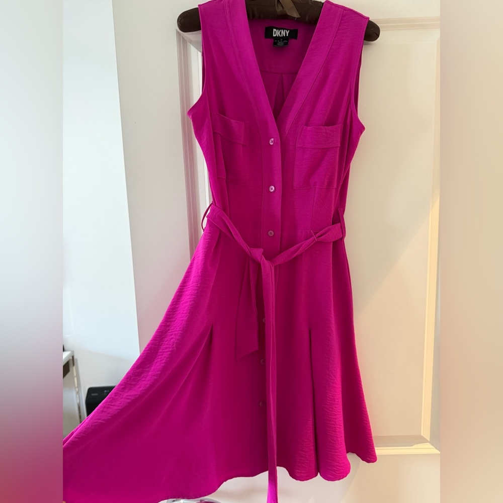 DKNY Fucsia Pink Sleeveless Button Front Tie Belt Dress
